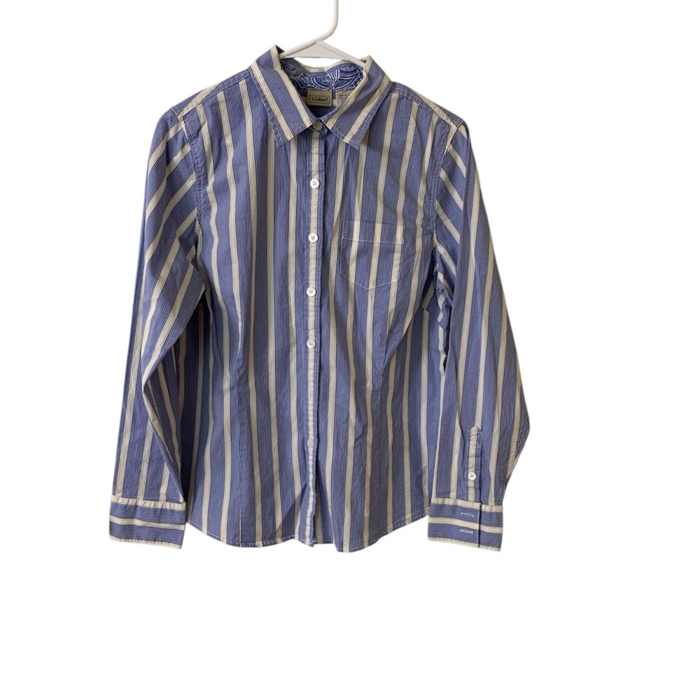 L.L. Bean Navy Blue Striped Button Down Shirt